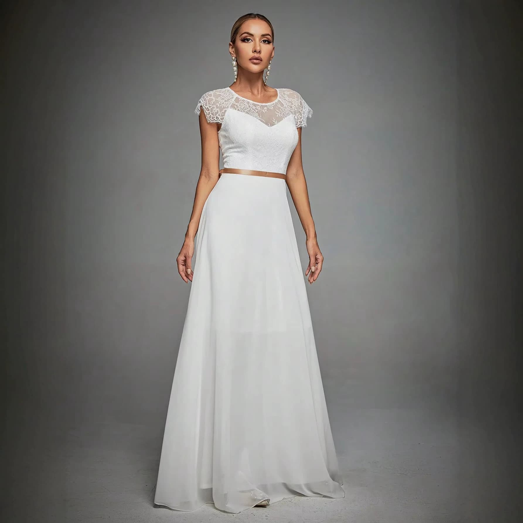 Simple lace wedding dress with waist and large hem chiffon dress for travel photography and banquet bridesmaid white long ceremony dress
