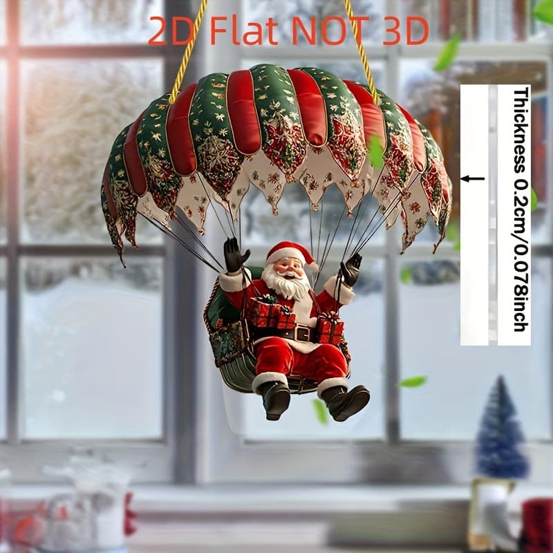 2D Flat Santa Claus Parachute Acrylic Hanging Ornament - 8"x7.5", Bright Floral Pattern
