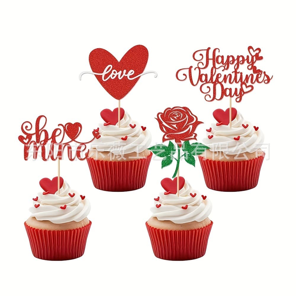 Valentine's Day Love Series Heart Cake Decorations Party Supplies Gold Glitter Paper Cake Toppers Inserts