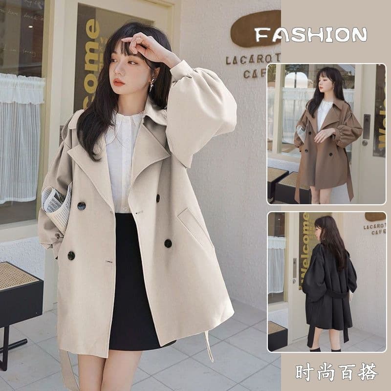 Brown short windbreaker coat for women loose spring and autumn new Korean version ins small lantern sleeve coat