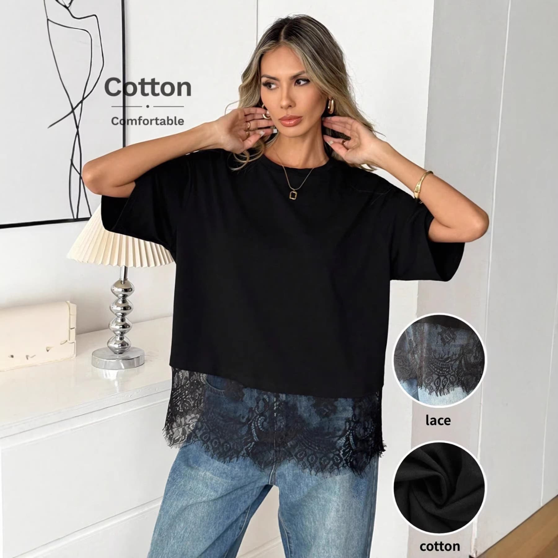 2026 Cross-border European and American Women's Fashion Amazon Ladies T-Shirt Loose Round Neck Short Sleeve Lace Hem Top