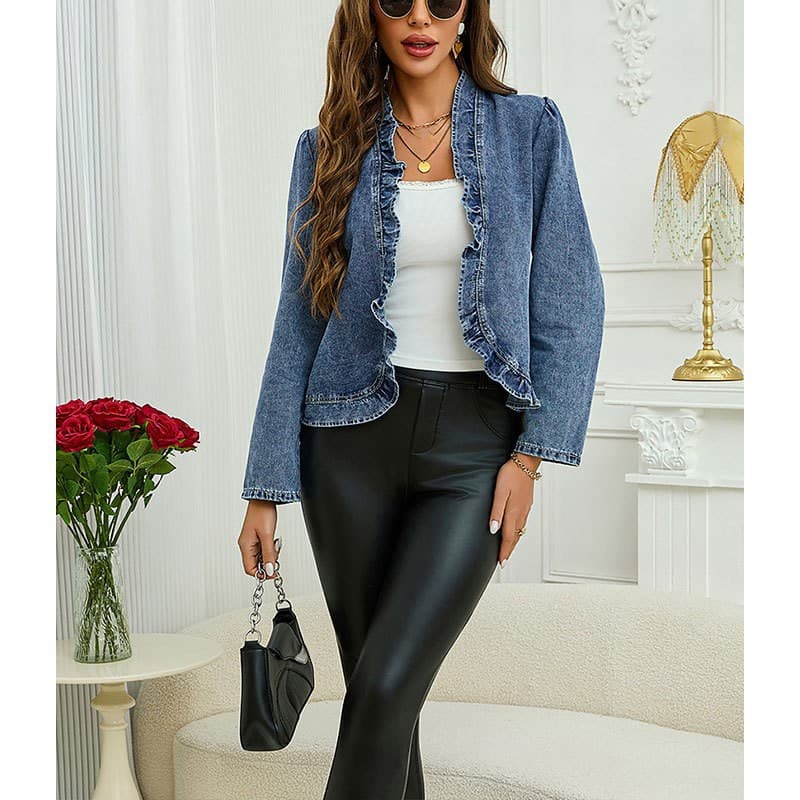 1688 Source Factory Ruffled Denim Short Jacket Women's New Collarless Cardigan Top Unbuttoned Blue Thin Jacket