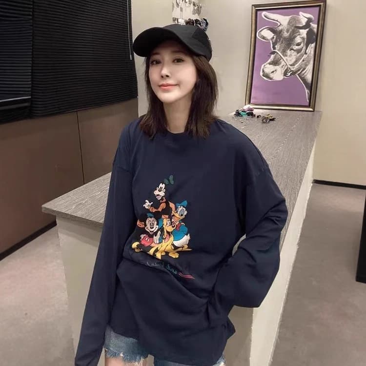Cotton Cartoon Mickey Print Long Sleeve T-shirt Women's Loose Inner Layer Fashion Versatile 2025 Autumn New Base Layer Top