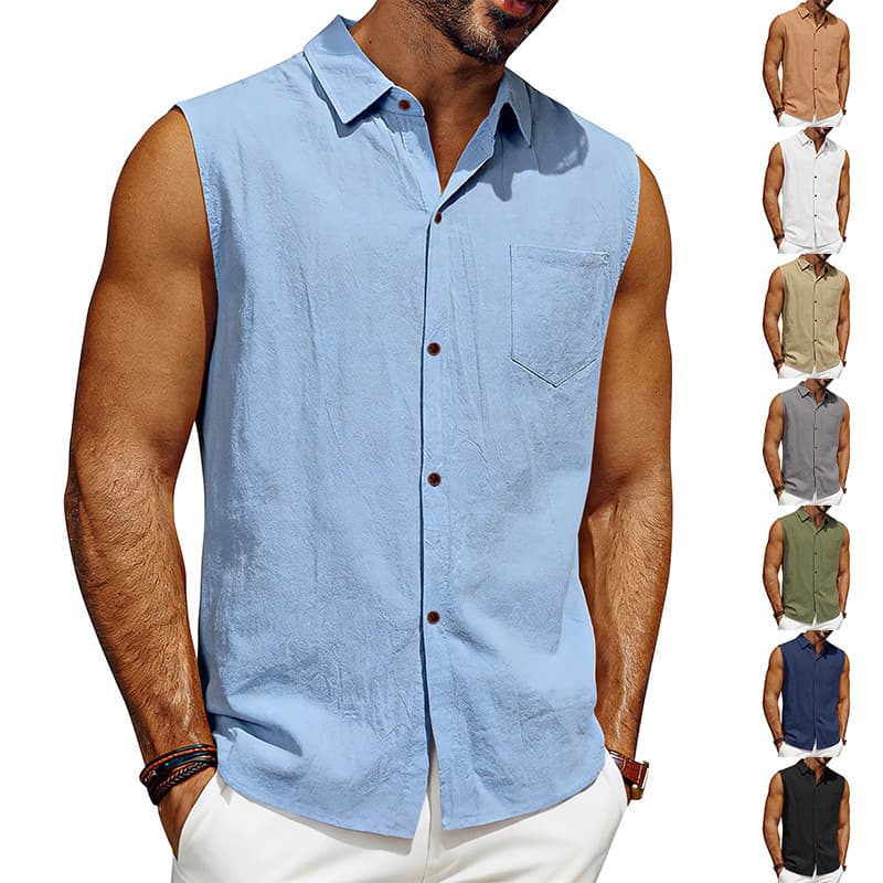 New European and American Men's Linen Sleeveless Lapel Shirt Cotton-Linen Breathable POLO Shirt Wholesale Stock