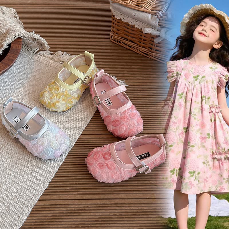 Girls' Sweet Rose Ballet Flats - Soft Sole Velcro Princess Shoes - Baby Walking Shoes for Toddlers & Kids Performance Dress
