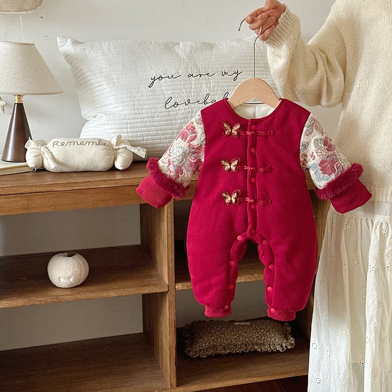 Baby Flame Butterfly Flower New Year Greeting Outfit Winter New Chinese Style Festive Romper for Boys and Girls 100 Days and First Birthday