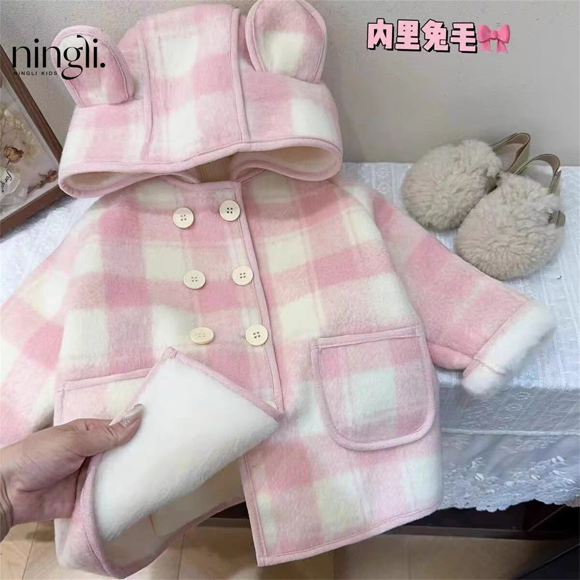 Ningli Girls' Wool Coat New Autumn/Winter Style Chic Baby Girl Children's Mid-Long Plaid Wool Jacket Cross-Border