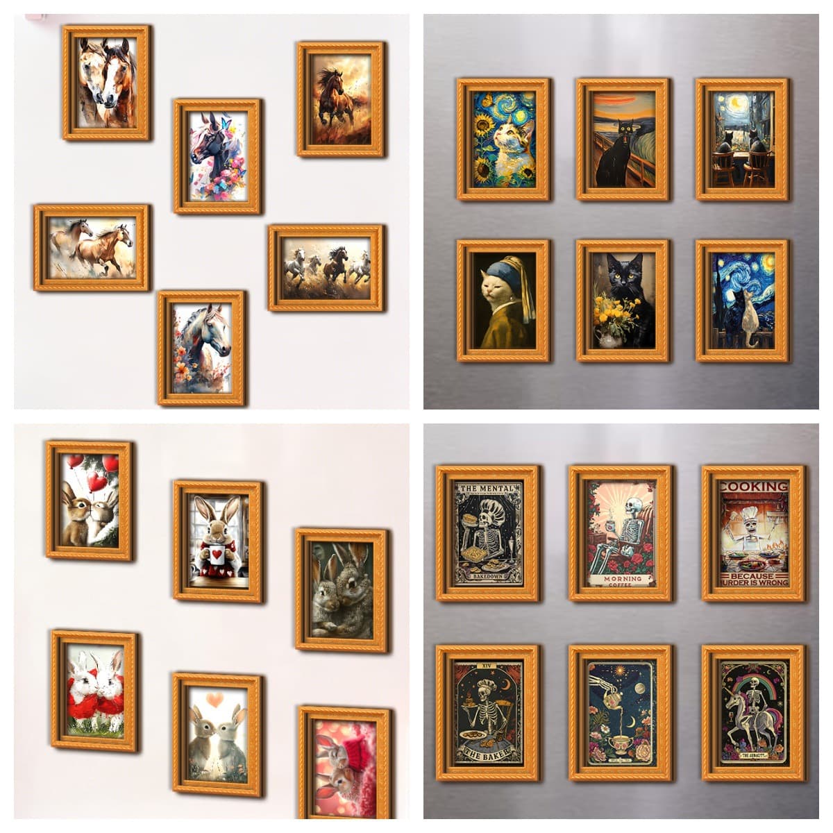European Carved Wooden Photo Frame Fridge Magnet Van Gogh Masterpiece Creative Cat Horse Rabbit Vintage Decorative Sticker