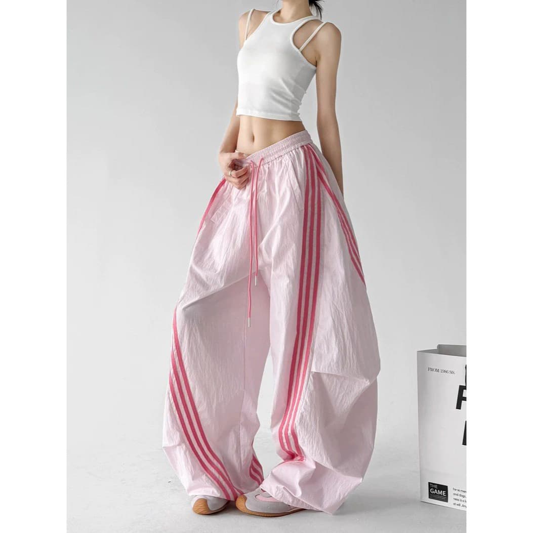 2026 High Quality Pink Sporty Wide-Leg Pants for Women Loose Side-Striped Casual Pants Slimming Pink Trousers