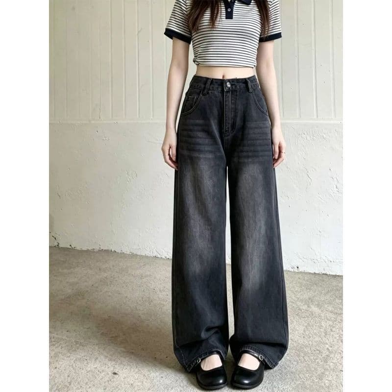 Black-Gray Women's Jeans Korean Style Ins Summer New Loose Wide-Leg Pants Flowy Slimming Straight-Leg Trousers