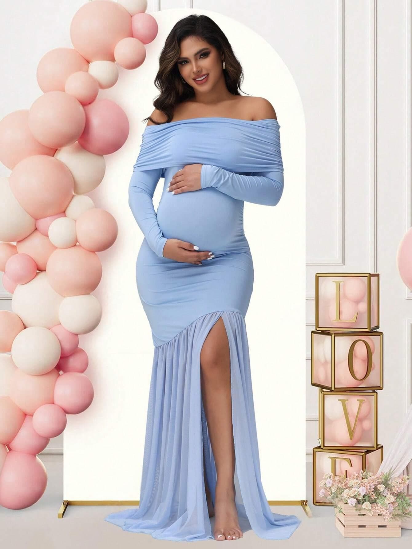 European and American Maternity Dress Long Sleeve Off-Shoulder Maternity Gown Elegant Fitted Bodycon Mesh Patchwork Formal Maternity Dress