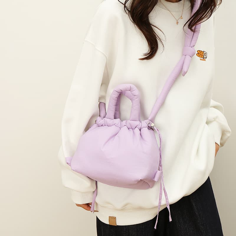 New Fall/Winter Nylon Padded Shoulder Crossbody Bag for Women, Soft Lightweight Pleated Backpack, Small Size Drawstring Backpack