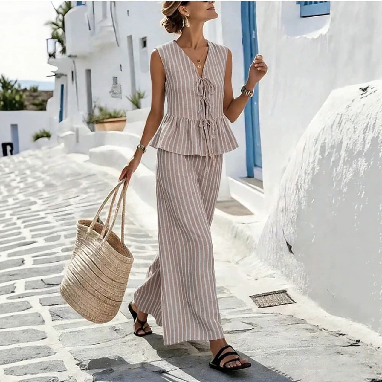 European and American cross-border new summer striped vest loose lace-up top wide-leg trousers casual suit women's clothing