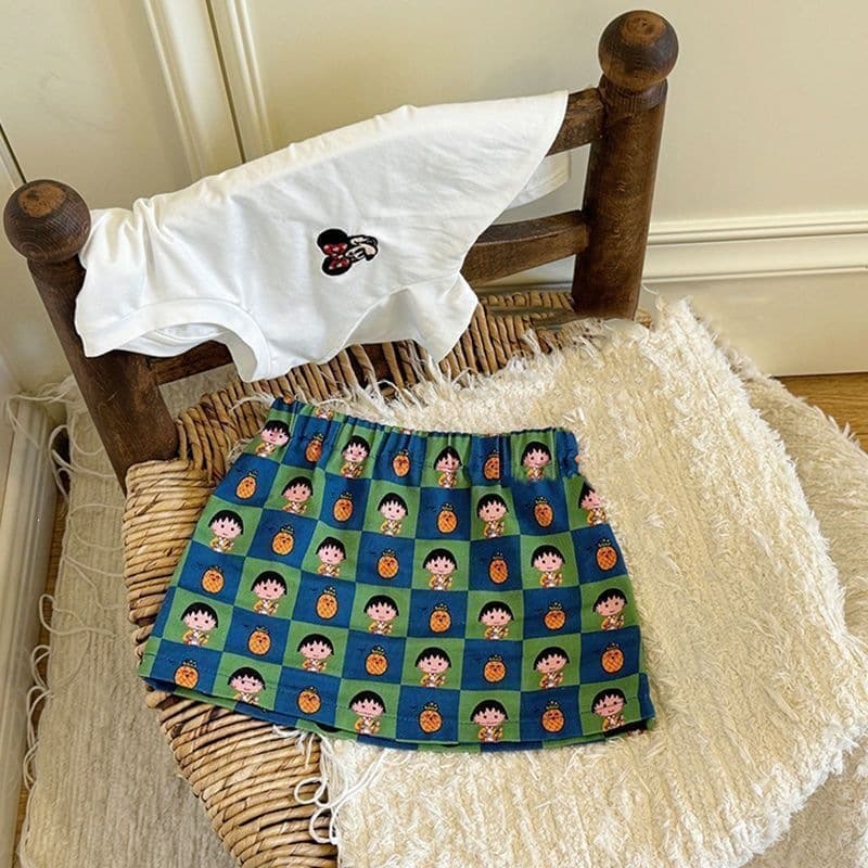 New Summer Girls Set Fashionable Short Sleeve T-Shirt with Cherry Boy Cartoon Print Versatile Skirt