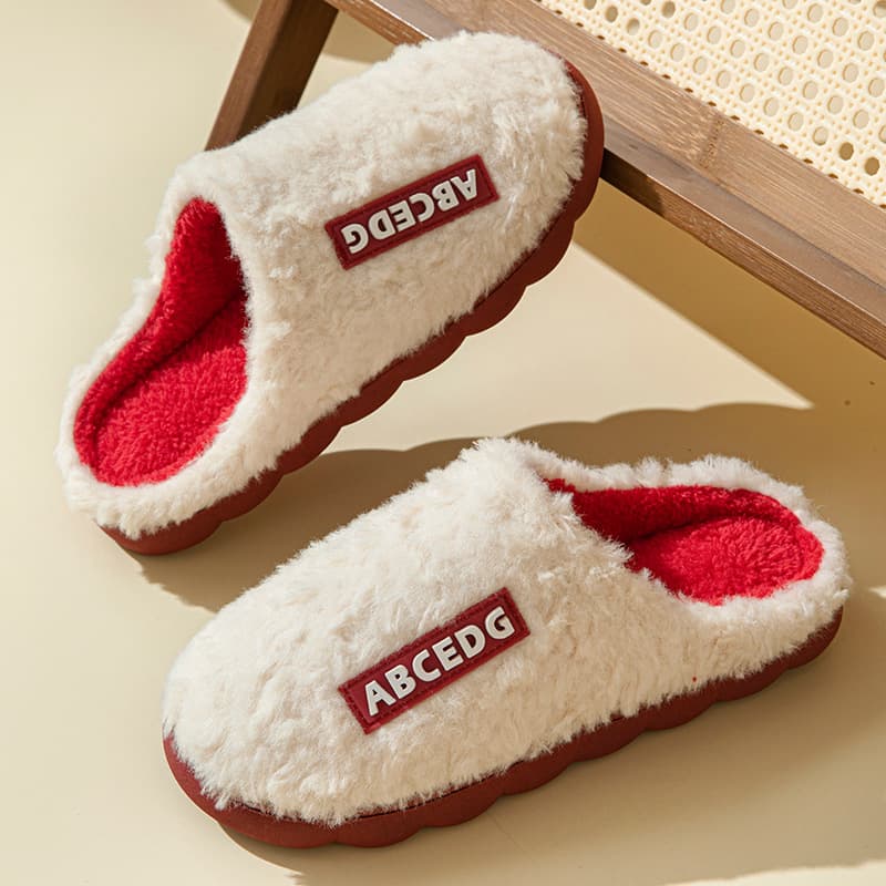 Women's Anti-Slip Plush Letter Thick Sole Warm Indoor Home Slippers, Thickened Autumn and Winter, Cross-Border