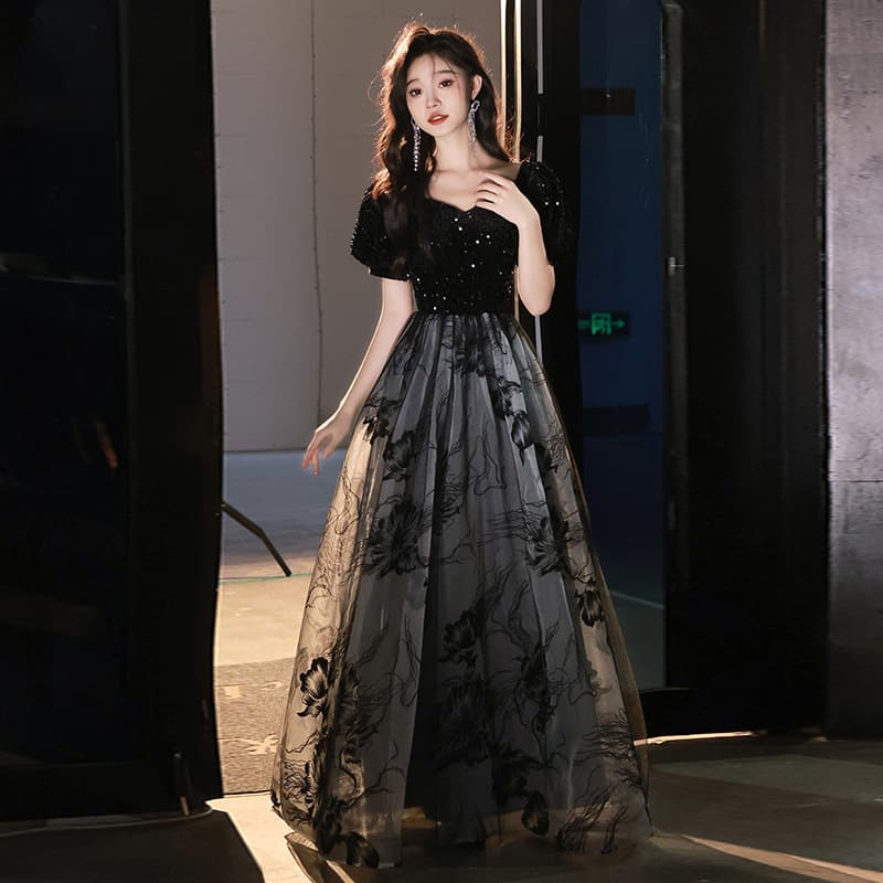 Black sequin evening dress light luxury niche Chinese style ink painting annual party dress birthday host performance long dress