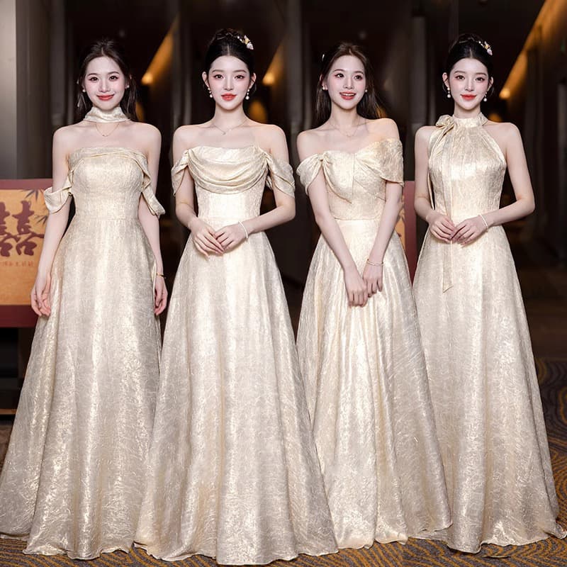 Bridesmaid Dress 2026 New Model New Year's Day Light Luxury Wedding Jacquard Gold-Embroidered Sister Group Dress Evening Dress Suitable for Everyday Wear
