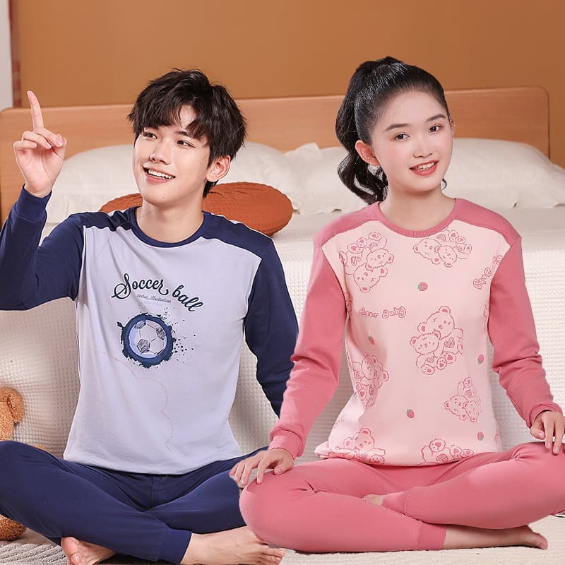 Autumn and winter teenagers pure cotton round neck home wear pajamas two-piece set for medium and large boys and girls cartoon base underwear set