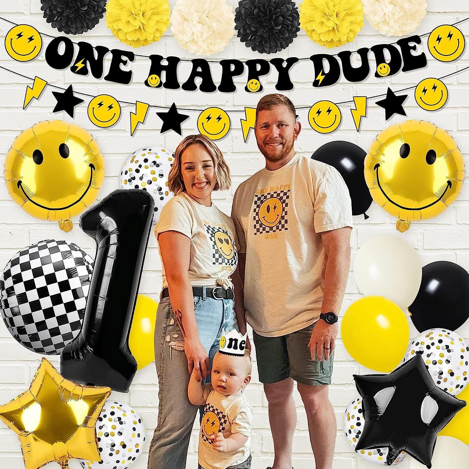 Black Gold Happy Birthday Smiley Face Garland Pompom Party Decoration Black Gold Birthday Balloon Set