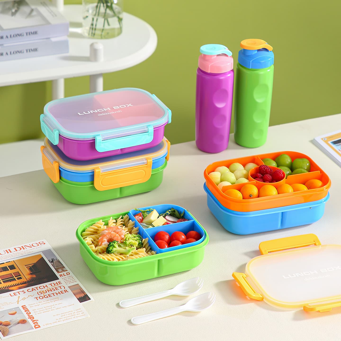 High-looking pp divided lunch box portable student lunch box water cup set office worker buckle lunch box water cup set