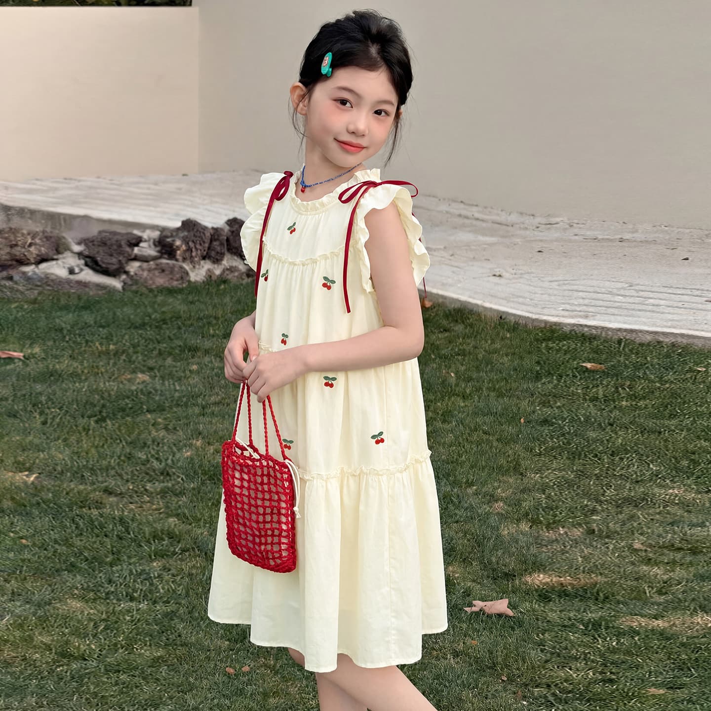Girls Summer Dress 2026 New Children's Style Korean Style Girls Summer Dress Cherry Sweet Princess Dress