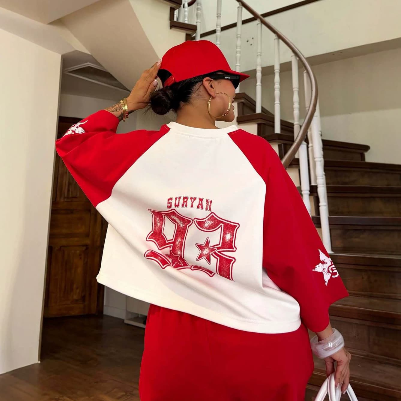 American High Street Trendy Contrast Raglan Sleeve Cropped Top with Letter Number Star Print Loose Three-Quarter Sleeve T-Shirt