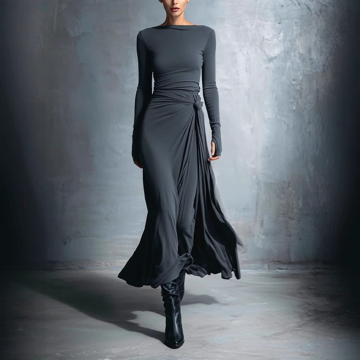 2025 Independent Site Fall/Winter European and American Cross-border Simple One-Shoulder Waist Twist Tight A-Line Maxi Dress