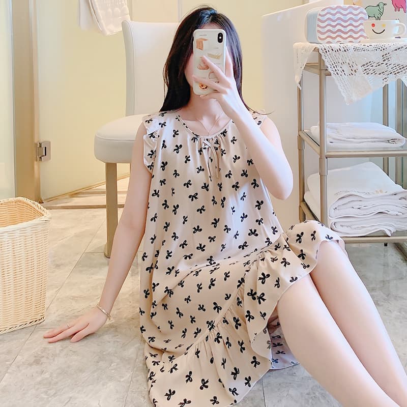 New summer cotton silk nightgown for women sweet sleeveless home wear thin section ins internet celebrity nightgown artificial cotton can be worn outside