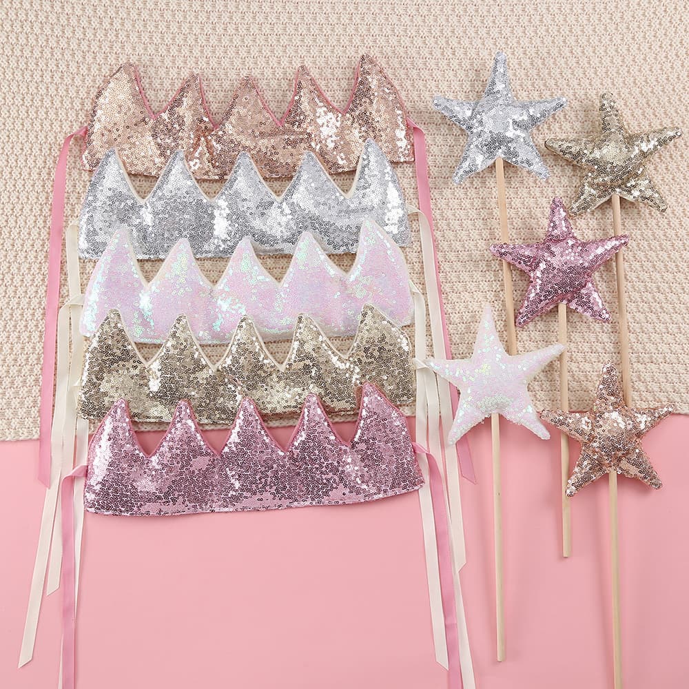 High-Quality Children's Birthday Glitter Crown Headpiece Princess Party Shiny Hairband Glitter Magic Wand Prop