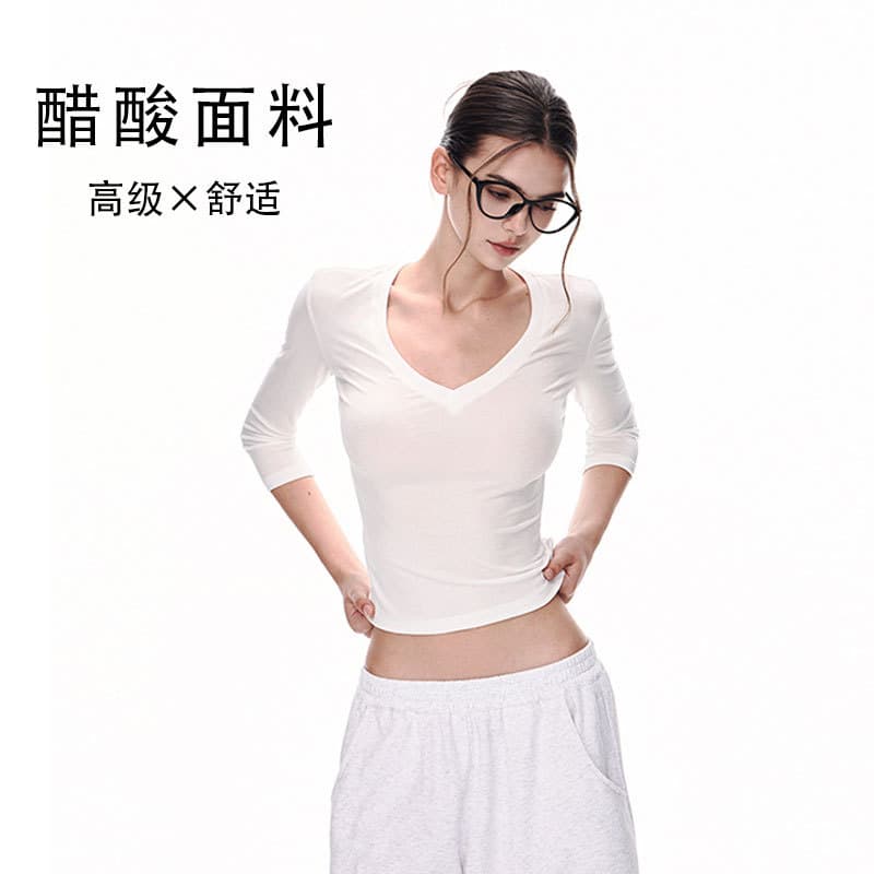 White Short-Sleeve T-Shirt for Women Spring Design Fitted Tencel Acetate Base Layer V-Neck Mid-Sleeve Top