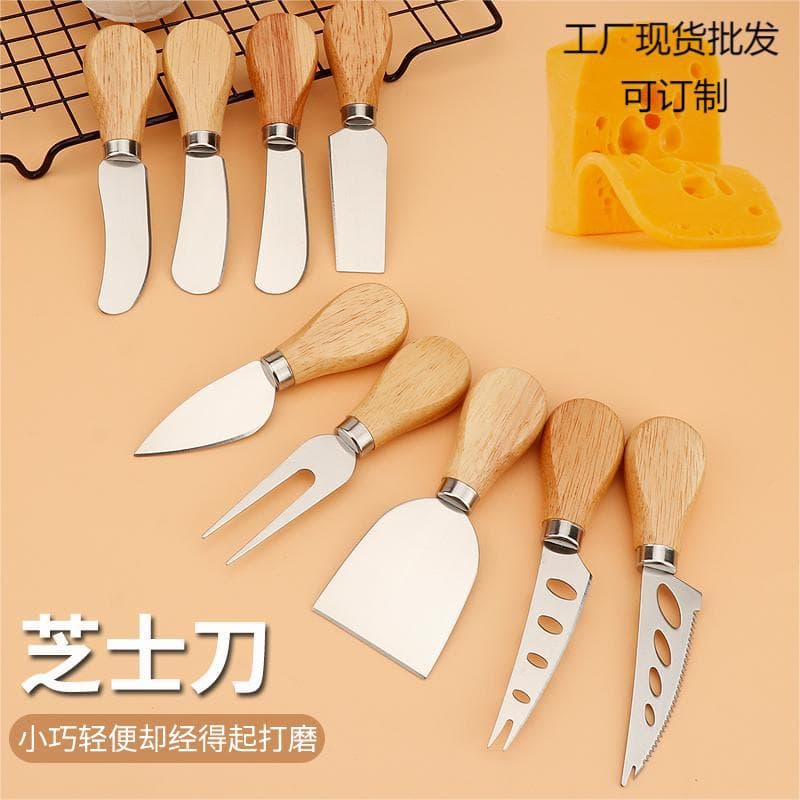 Manufacturer Wholesale Stainless Steel Wooden Handle Cheese Knife, Butter Pizza Knife, Cake Tool, Cheese Knife and Fork Set