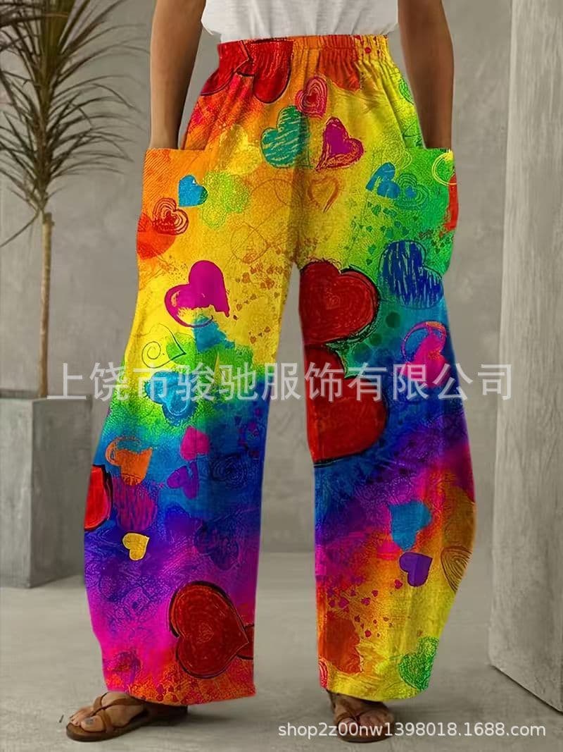 Tie-Dye Rainbow Heart Print Wide-Leg Pants for Women, Elastic Waist with Large Pockets, Casual Lounge Floor-Length Trousers