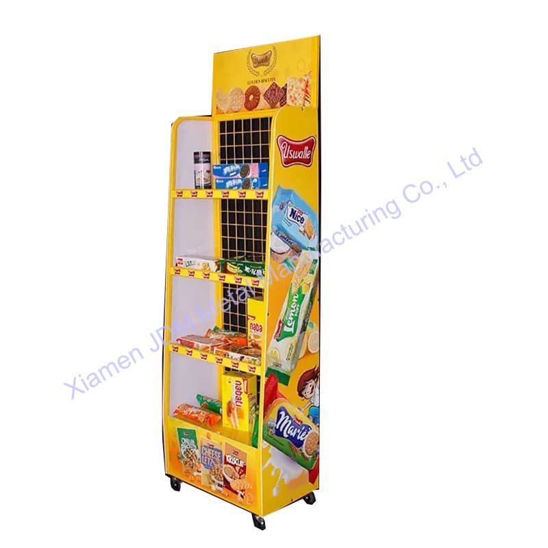 Supermarket snack display rack for promotional snacks and groceries, 4-wheel mobile display rack