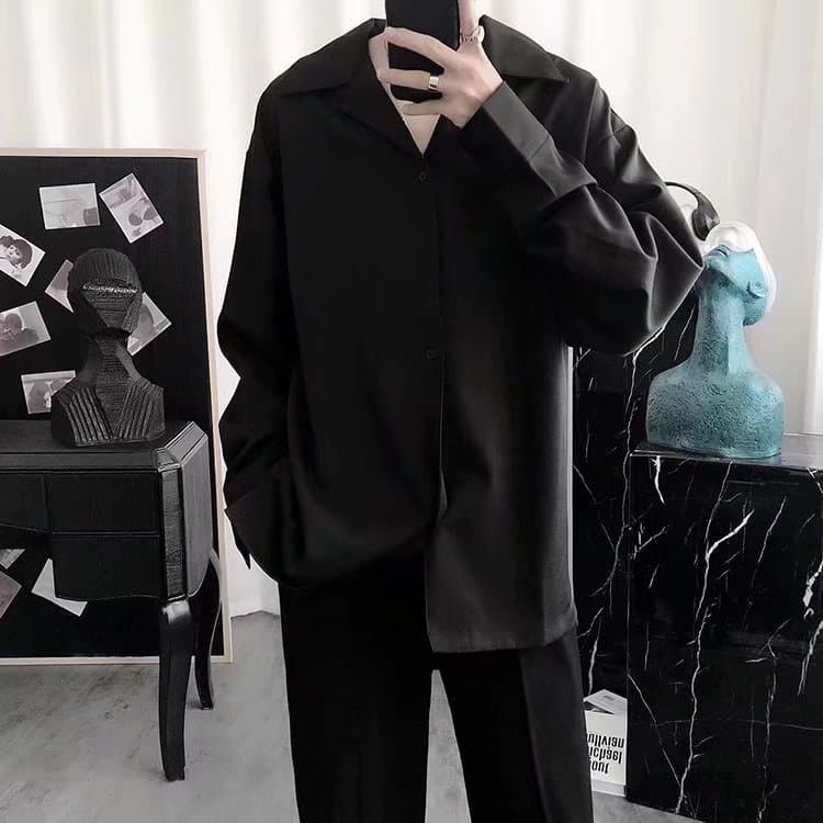 Cuban Collar Trendy Shirt Men Long Sleeve Handsome Japanese Hong Kong Style Men's Clothing Premium Feel Shirt Draping Ice Silk Top