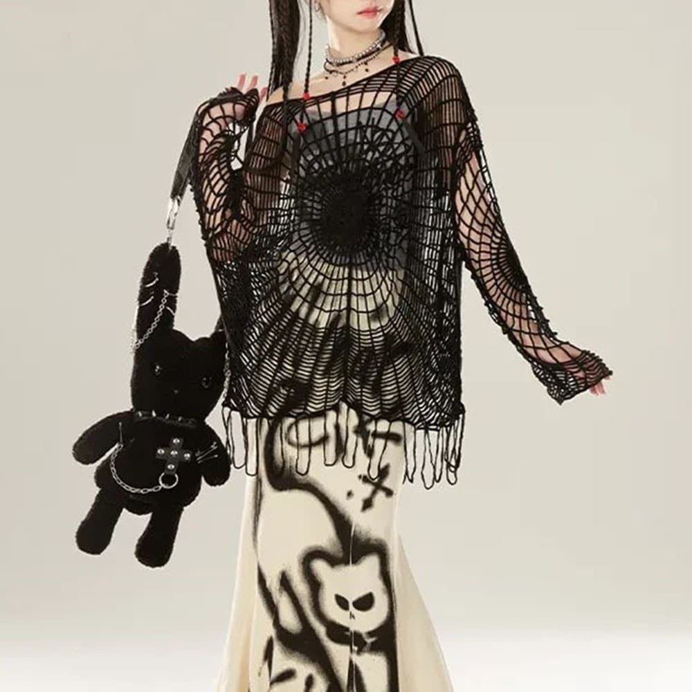 Cross-border American-style Hollow Black Spider Web Outerwear Sweater Women Y2K Sweet Spicy Cool Dark Style Thin Cover-up