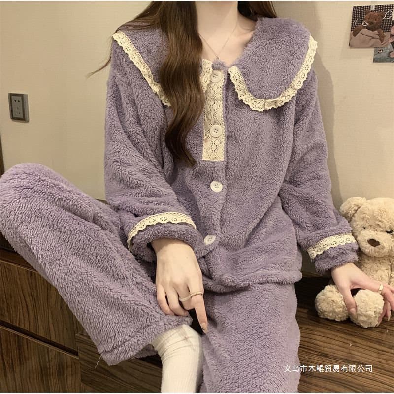 2025 Autumn Winter New Flannel Pajamas Women Sweet Wearable Thickened Coral Fleece Warm Homewear Set