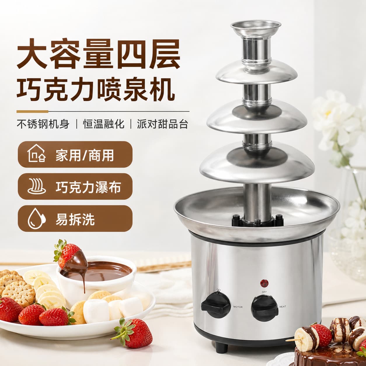 Stainless Steel Four-Layer Chocolate Fountain Machine, Melting Tower, Waterfall Hot Pot Slurry Machine, for Home and Commercial Event Parties