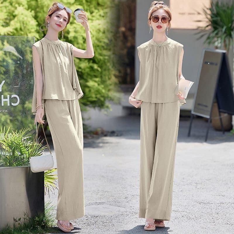 Plus Size Solid Color Wide Leg Pants Set Sleeveless 2025 Summer New Fashionable Elegant Slimming Casual Two-Piece Set