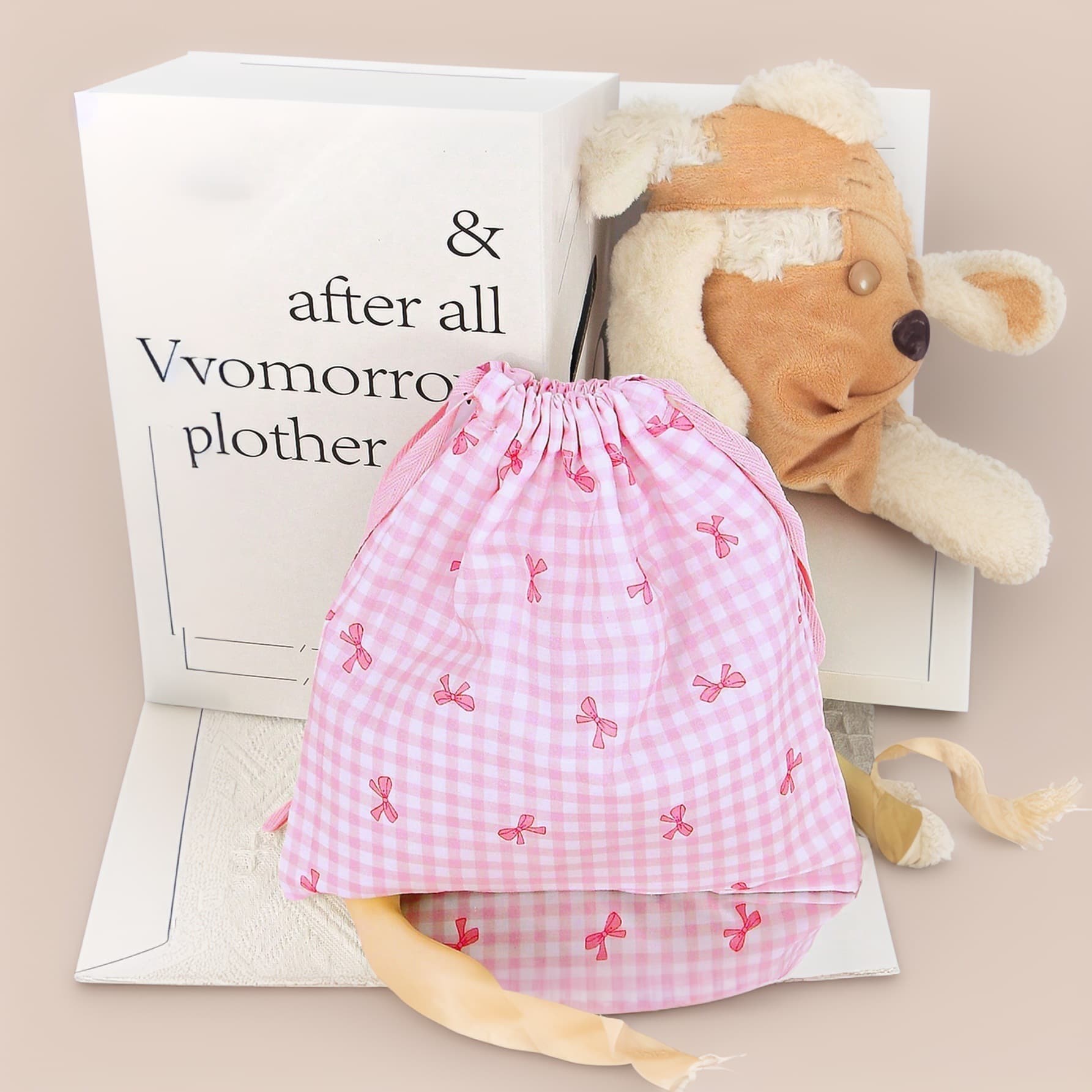 Pink bow plaid drawstring pocket female hand cloth bag miscellaneous organizer lipstick coin jewelry storage