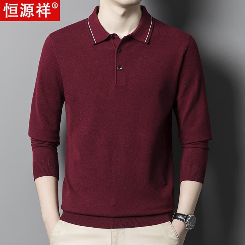 Hengyuanxiang Middle-Aged and Elderly Men's Sweater, Lightweight Spring/Autumn Long-Sleeve Knit, Zodiac Year Turn-Down Collar Pure Wool Sweater