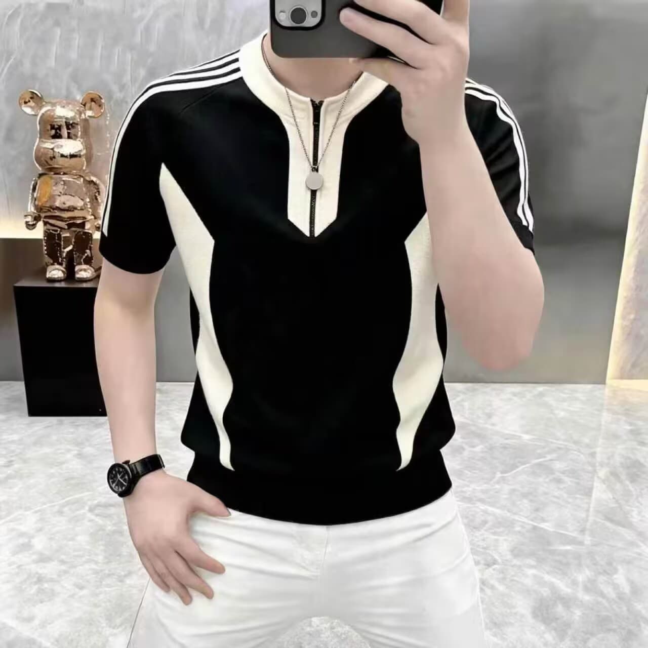 High-end light luxury summer new men's trendy, handsome, fashionable, casual, loose and versatile half-zip short-sleeved T-shirt