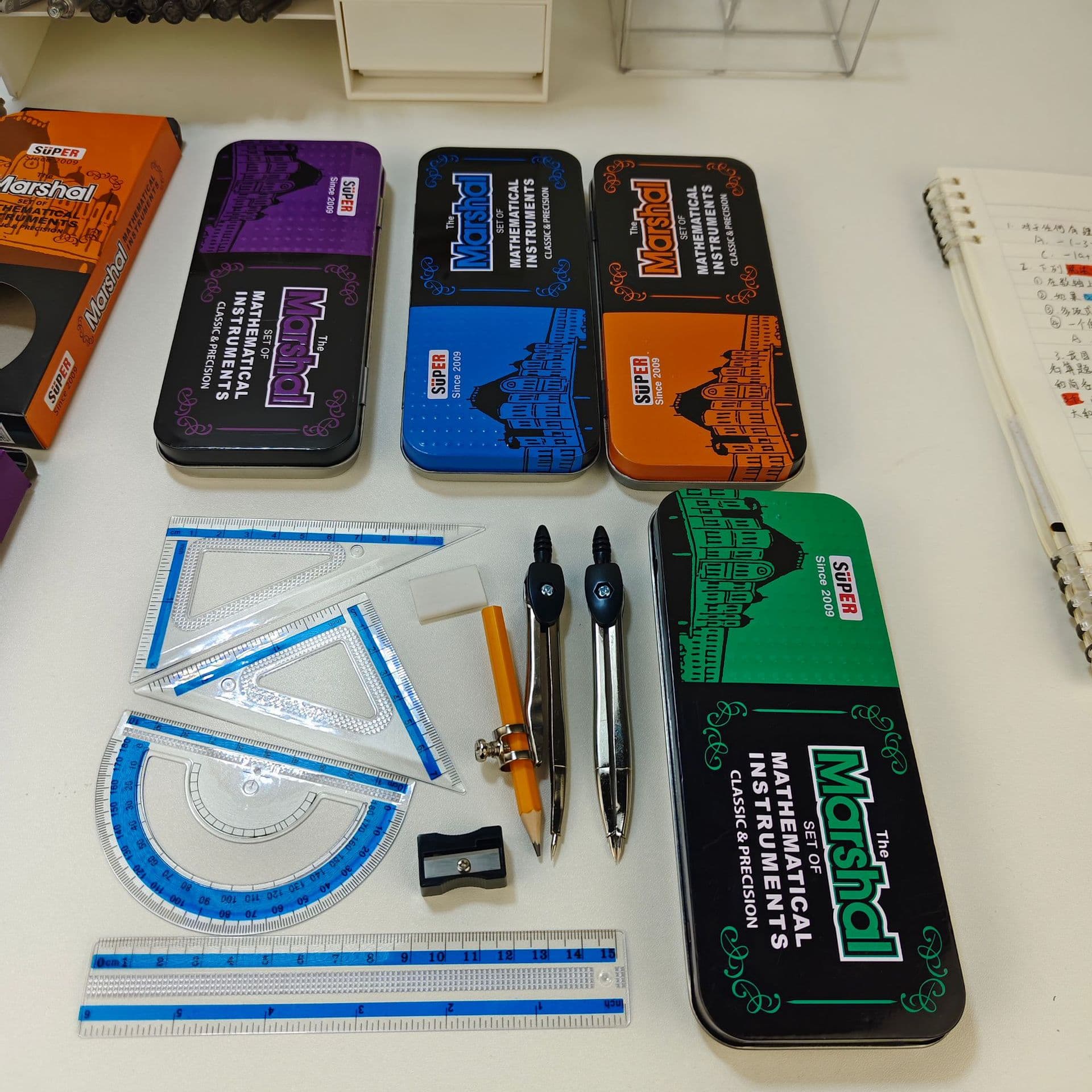 Tin Box Student Compass Ruler 9-Piece Set Exam Prize Cross-Border Learning Supplies Stationery Wholesale