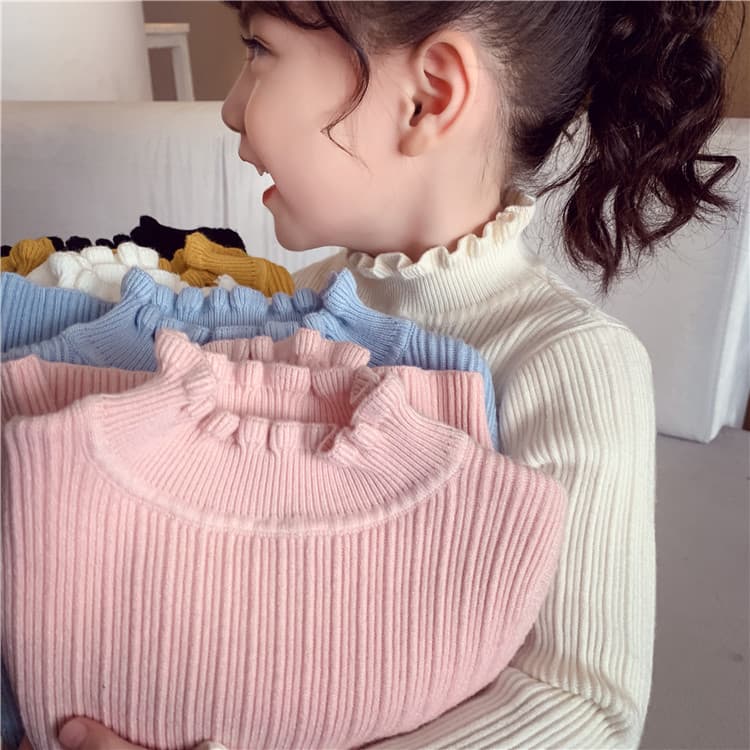 Girl's Sweater Fashionable 2022 Autumn Winter Hot Style Ruffle Girl Children's Lining Knitwear Kids Innerwear Top