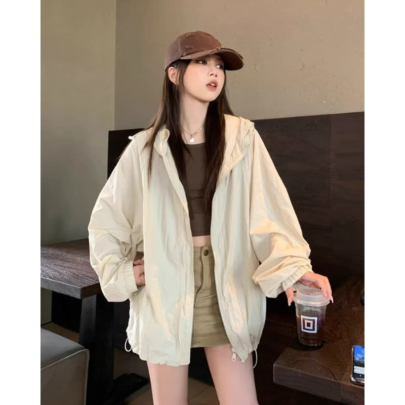 Salt-Style Casual Drawstring Sun-Protective Jacket for Women, Summer 2026 New Loose Mid-Length Hooded Sports Jacket Top