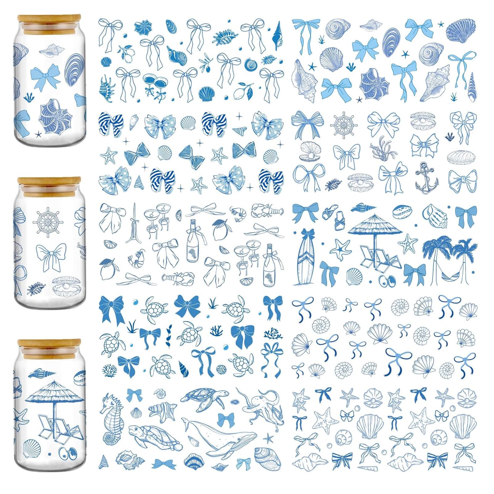 Ocean Series Turtle, Seahorse Shell, Conch UV DTF Cup Stickers, Transferable Glass Cup Crystal Label Stickers