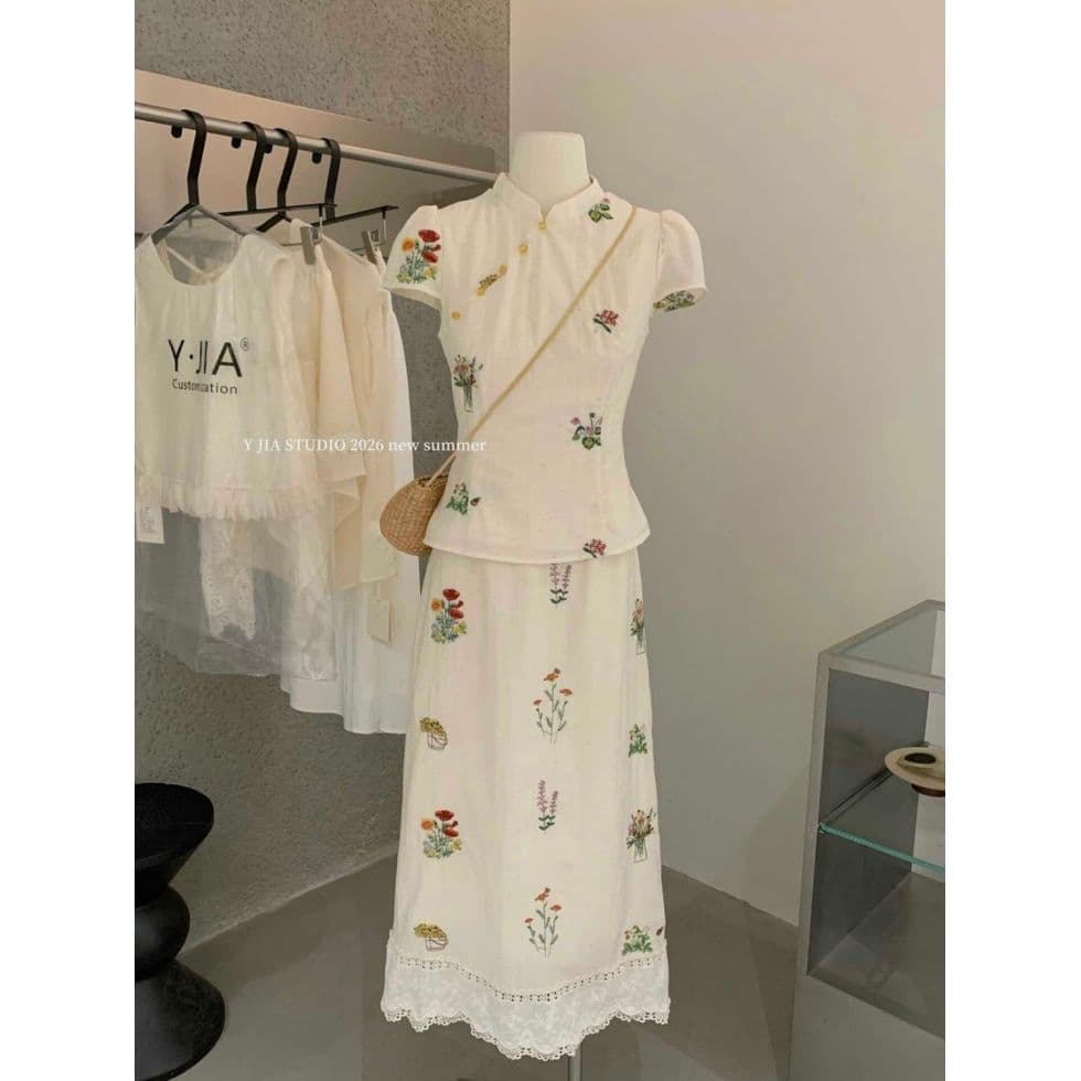 2026 Summer New Chinese Style New-Chinese Style Set for Women: Summer Frog-Button Top + High-Waist A-Line Skirt Two-Piece Set