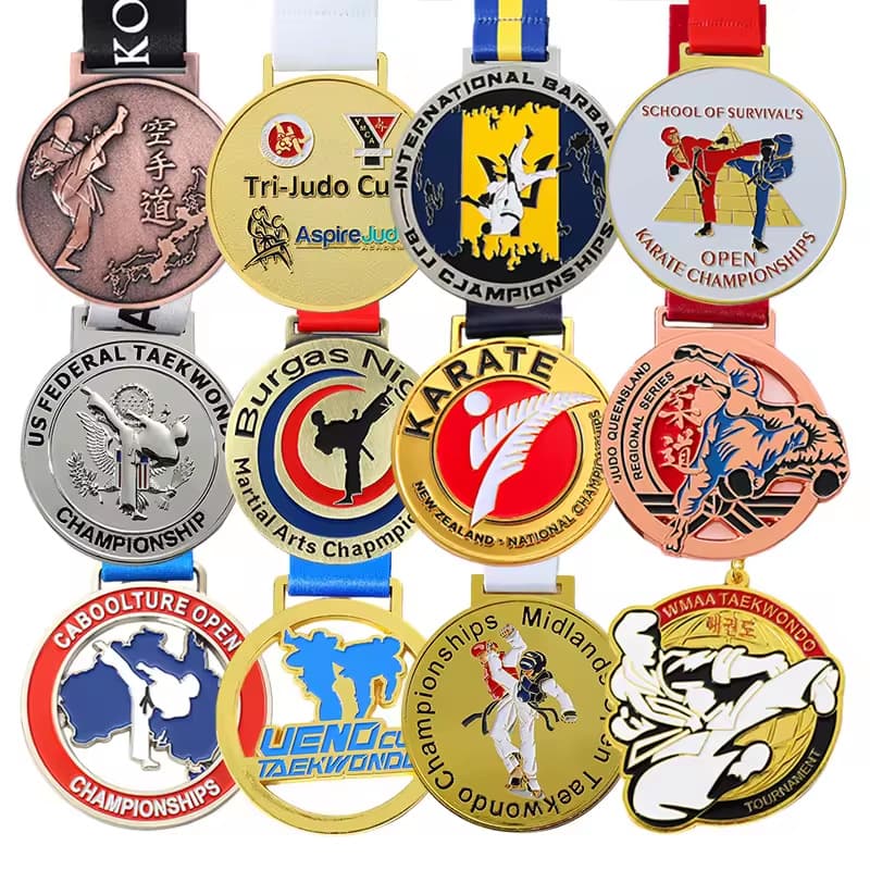 Gold, silver, and bronze medals, plaques, and plaques for sports such as judo, kung fu, karate, and taekwondo.