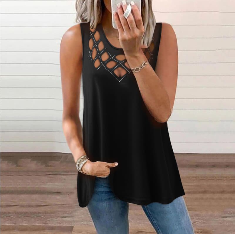 Europe and America Foreign Trade Amazon Women's Rhinestone Hollow Out Sleeveless Solid Color Tank Top Vest Factory Direct Sale!