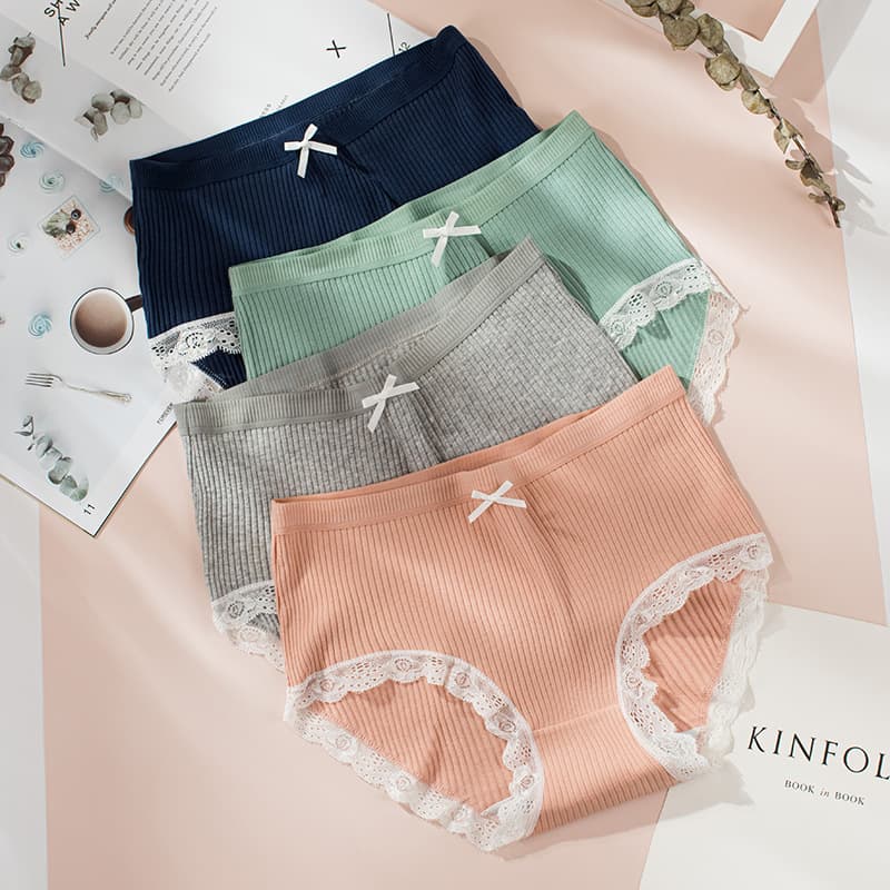 New Plus Size Ribbed High-Waist Panties Comfortable Pure Cotton Women's Antibacterial Contrast Color Breathable Lace Panties