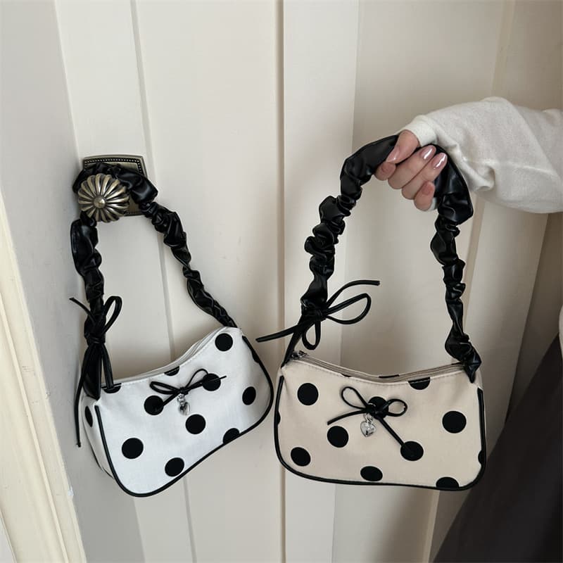 Korean Style Polka Dot Bow Underarm Bag Fashion Dumpling Bag Print Handheld Crescent Bag Commuter Single Shoulder Phone Bag
